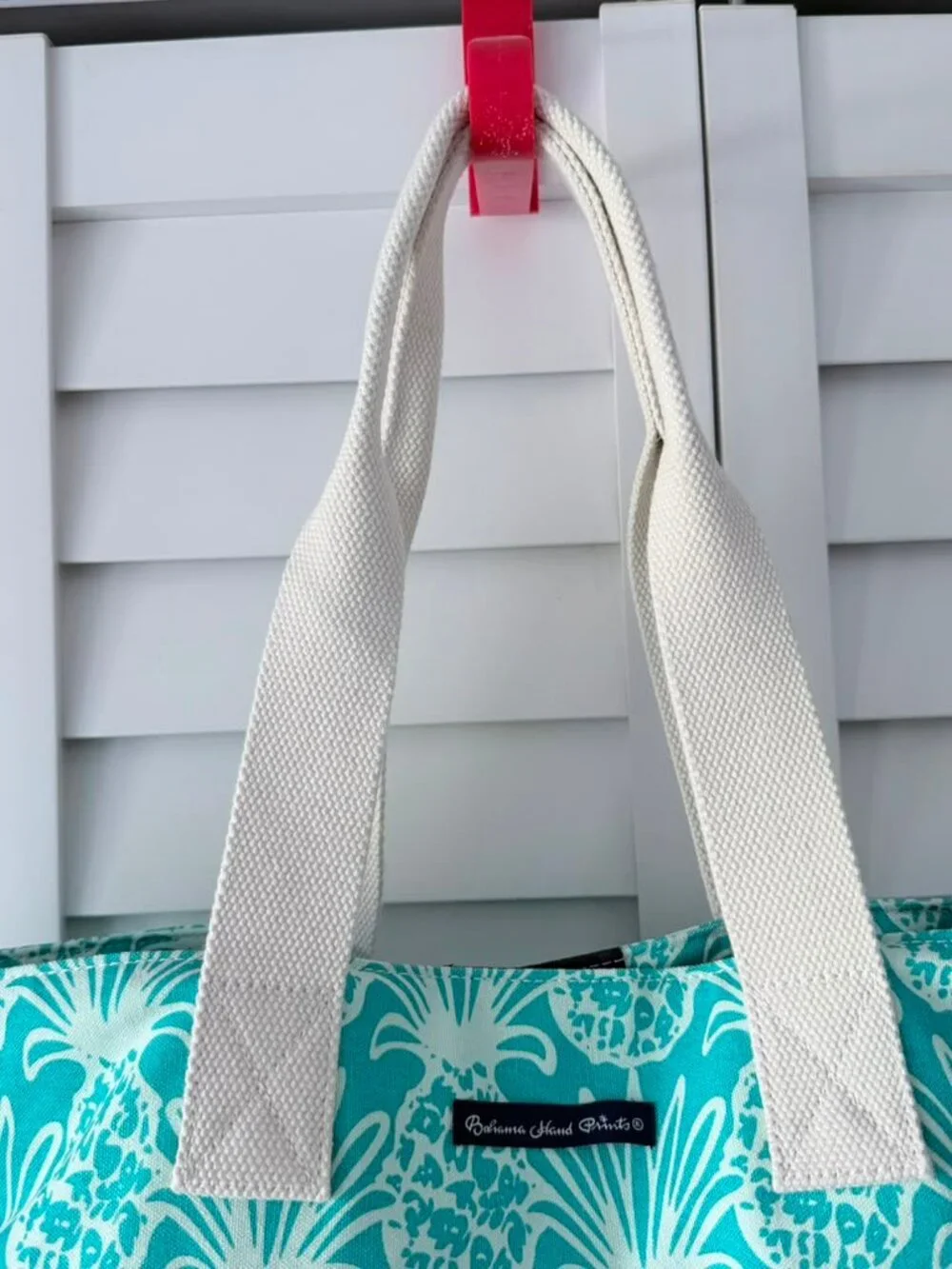 Bahama Hand Prints Pineapple Beach Tote Bag Aqua Canvas Large Shoulder Tote